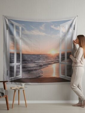 Coastal Sunrise Window Scene Tapestry - White Window Frame 3108